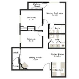 A floor plan of a house with a living room, two bedrooms, a kitchen, a dining room, and a walk-in closet.