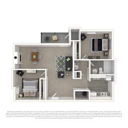 A 3D floor plan of a house with a kitchen, living room, and two bedrooms.