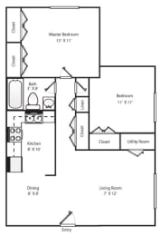 Colonial Ridge Apartments in Colonial Heights, VA Two Bedroom One Bathroom Floor Plan