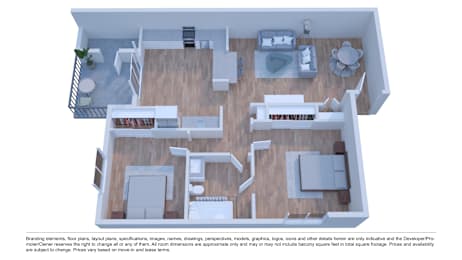 A 3D rendered image of a house layout.