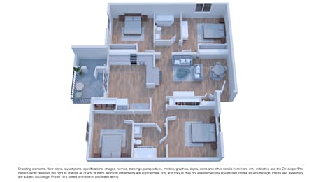 A 3D floor plan of a house with multiple rooms and furniture.