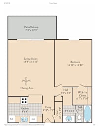 A floor plan for a home with a living room, dining area, kitchen, and bathroom.