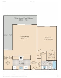 A floor plan for a home with a living room, dining area, kitchen, and bathroom.