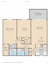 A floor plan for a home with a master bedroom, living room, dining area, kitchen, and bathroom.
