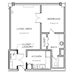 A floor plan of a small apartment with a living area, kitchen, bedroom, bathroom, closet, and laundry space.