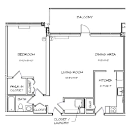 A black and white floor plan of a small apartment with a bedroom, living room, kitchen, and bathroom.