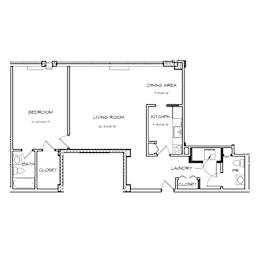 A floor plan of a house with a bedroom, living room, kitchen, dining area, bathroom, and laundry room.