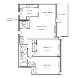 A floor plan of a house with labeled rooms such as kitchen, living room, and bath.