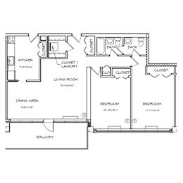 A floor plan of a house with a kitchen, living room, dining area, two bedrooms, a bathroom, a closet/laundry, and a balcony.