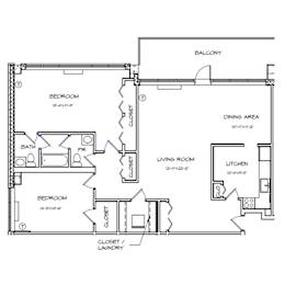 A floor plan of a house with labeled rooms such as bedroom, living room, and kitchen.