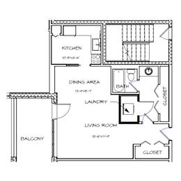 A floor plan of a house with labeled rooms such as kitchen, dining area, and living room.