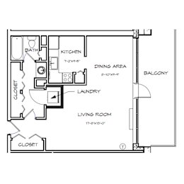 A black and white image of a floor plan for a small apartment.
