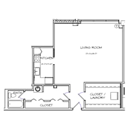 A floor plan of a small apartment with a living room, kitchen, bathroom, closet, and laundry room.