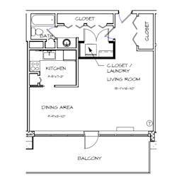A floor plan of a house with a kitchen, living room, and dining area.