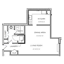 A floor plan of a small apartment with a kitchen, living room, and bathroom.