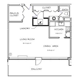 A floor plan of a home with a living room, dining area, kitchen, bath, and laundry room.