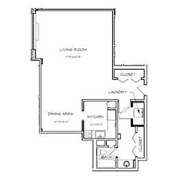 A floor plan of a small apartment with a living room, dining area, kitchen, and bathroom.