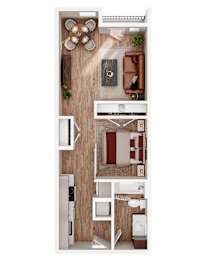 A top-down view of a modern apartment layout.