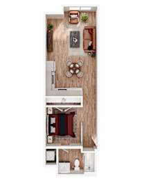 A top-down view of a modern kitchen with a dining area.
