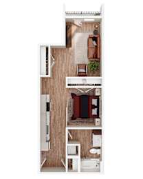 A top-down view of a modern apartment with a kitchen, living room, and bedroom.