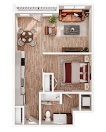 A top-down view of a small apartment with a kitchen, living room, and bathroom.