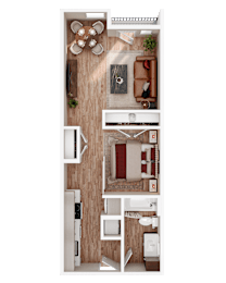 A top-down view of a small apartment with a kitchen, living room, and bedroom.