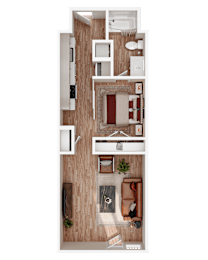 A top-down view of a small apartment with a bedroom, living room, and kitchen.