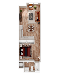 A top-down view of a small apartment with a kitchen, living room, and bathroom.
