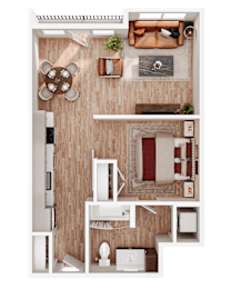 A top-down view of a small apartment with a kitchen, living room, and bathroom.
