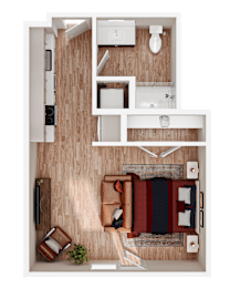 A top-down view of a room with a couch, chairs, and a table.
