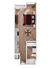 A top-down view of a small, neatly organized apartment with a kitchen area.