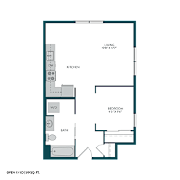 A floor plan of a 1 bedroom apartment with a living room, kitchen, bathroom and bedroom.