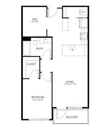 A floor plan of a small apartment with a den, bathroom, closet, living room, bedroom and balcony.