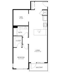 A floor plan of a small apartment with a den, bathroom, closet, living room, bedroom and balcony.