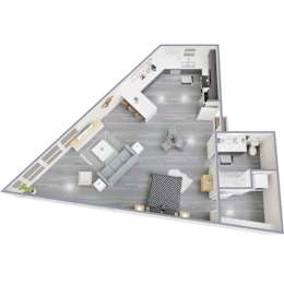 A 3D floor plan of a house with a kitchen, living room, and two bedrooms.
