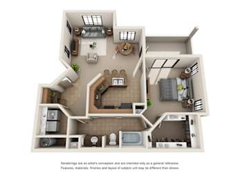 A floor plan of a house with a kitchen, living room, dining room, and bathrooms.