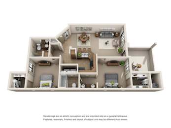 A 3D rendered image of a house layout.