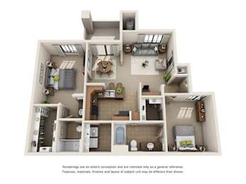 A 3D rendered image of a house layout.
