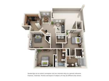 A 3D floor plan of a house with a kitchen, living room, and bedrooms.