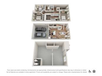 A floor plan of an apartment is shown with three different layouts.