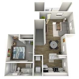 A 3D rendered image of a small apartment with a bedroom, living room, and kitchen.
