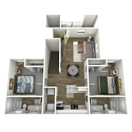 A 3D rendered image of a small apartment layout.