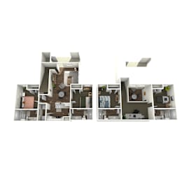 A 3d rendering of the 4 bedroom layout with 4 bathrooms