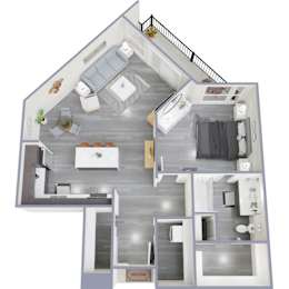 A top-down view of a house interior with a living room, kitchen, and bedrooms.