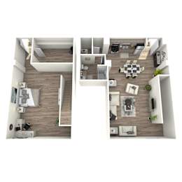 A top-down view of a modern apartment with one bedroom, a living room, and a kitchen.