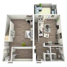 A 3D floor plan of a modern apartment with a living room, kitchen, and bedroom.