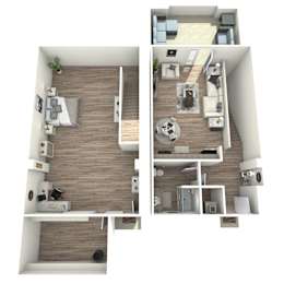 A top-down view of a modern apartment with one bedroom, a living room, and a kitchen.