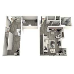 A series of images showing different angles of a modern, one bedroom apartment.