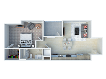 A 3D floor plan of a house with a living room, kitchen, and two bedrooms.