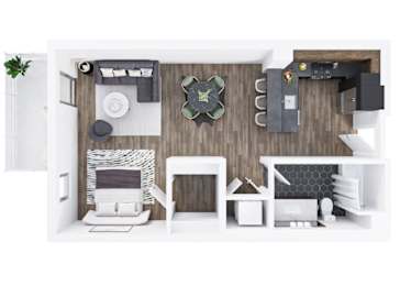 A white and wood themed room with a couch, chair, and a table.